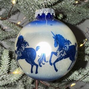 Bronner's Christmas Ornament Glass Blue and Silver Unicorn Holiday Vintage